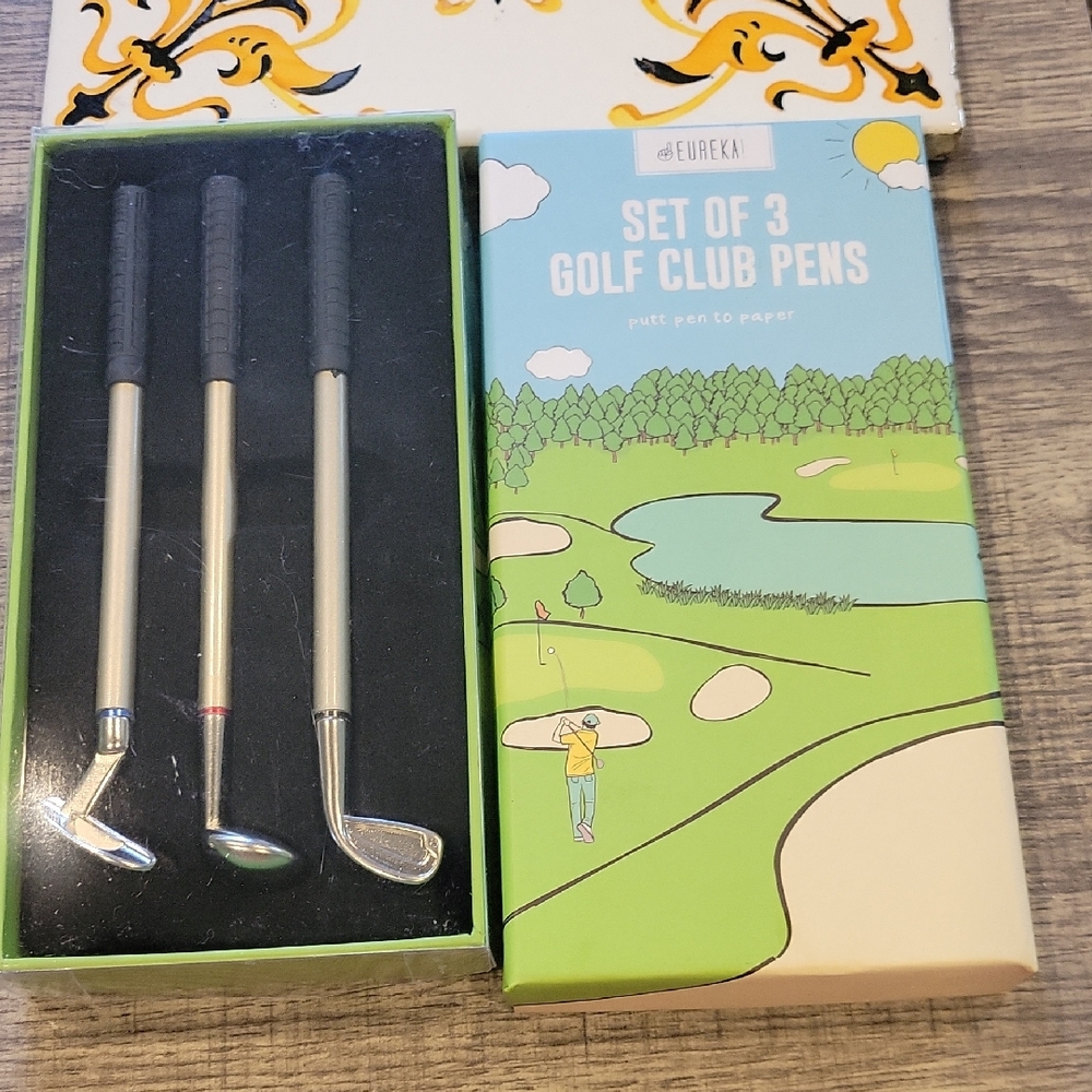5 For 25.00/Eureka Set/ 3 Golf Club Pens, New In Gift Box